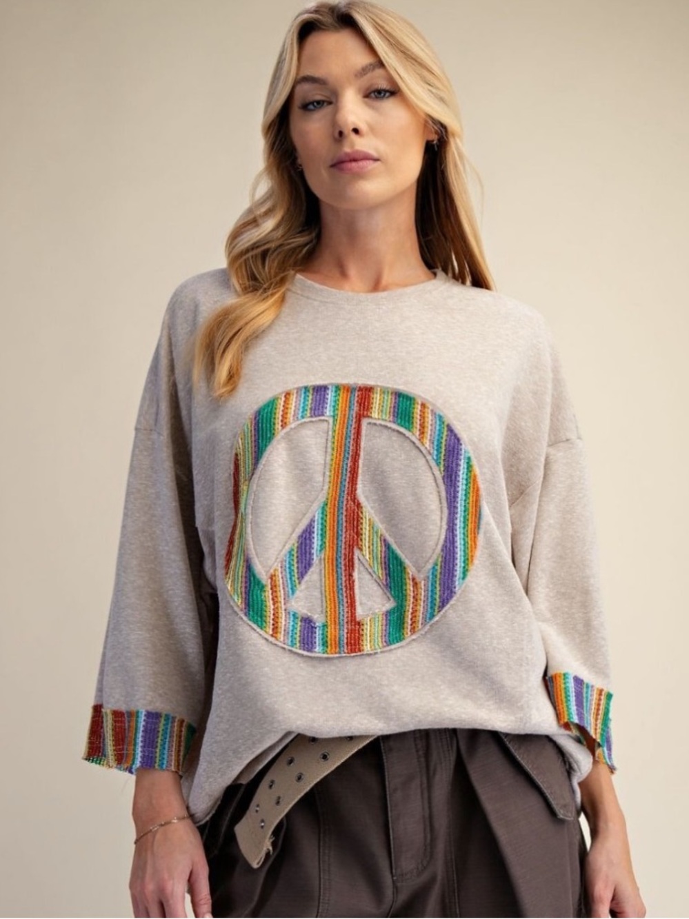 4045 Easel size Medium Oversized PEACE SIGN PATCH TERRY KNIT TUNIC